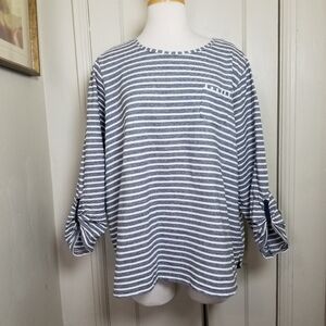 LANDS END gray white stripe roll tab sleeve heavier weight blouse XXL